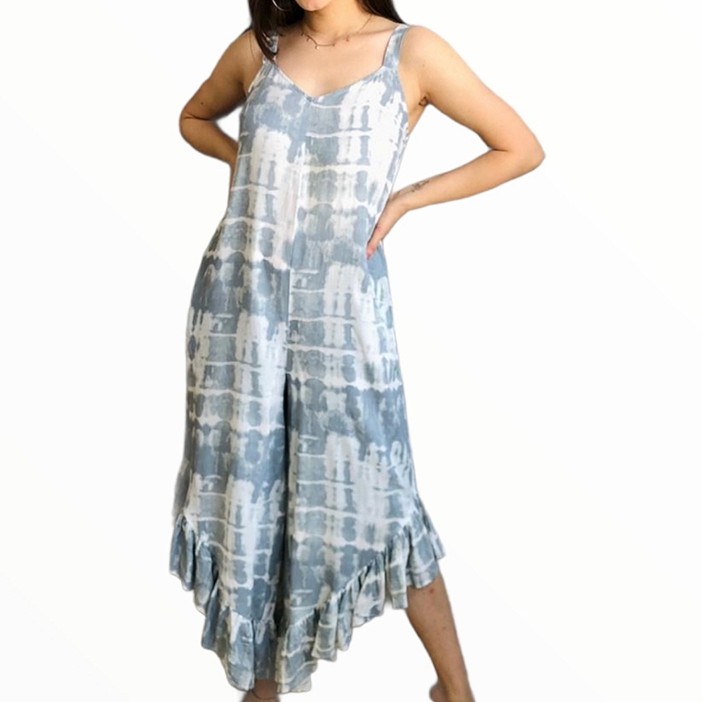 JAPNA Light Blue Tie-Dye Wide Ruffle Leg Jumpsuit